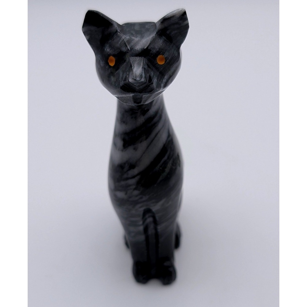 Hand Carved Black Grey Marbled Stone Cat Figurine Amber Eyes Onyx Soapstone 5in